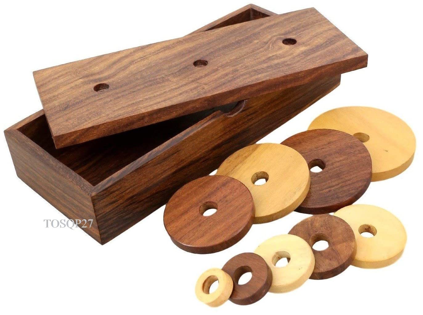 TOSQP27 Tower of Hanoi Wooden Puzzle - 9 Rings Logic Game, Premium Rosewood, Model MN-Tower-Puzzle-Hanoi