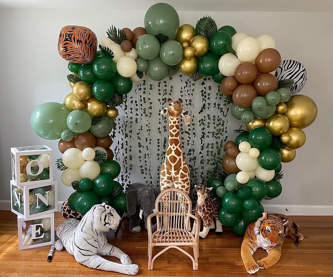 Sage Green Brown Balloons, 60Pcs Green Brown Beige Jungle Safari Wild Woodland Balloon, Retro Green Metallic Gold Coffee Apricot