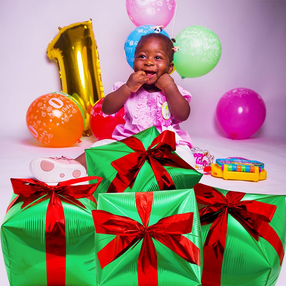 Deermon 4 Piece Green Christmas Gift Box Balloons With Red Ribbon, Square Shape Present Gift Box Cube Aluminum Foil Balloon For