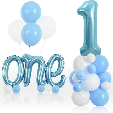 Toniful 27 Pcs 1St Birthday Balloons Set,40 Inch Light Blue Number 1 Balloon Light Blue One Letter Foil Balloon White Light Blue