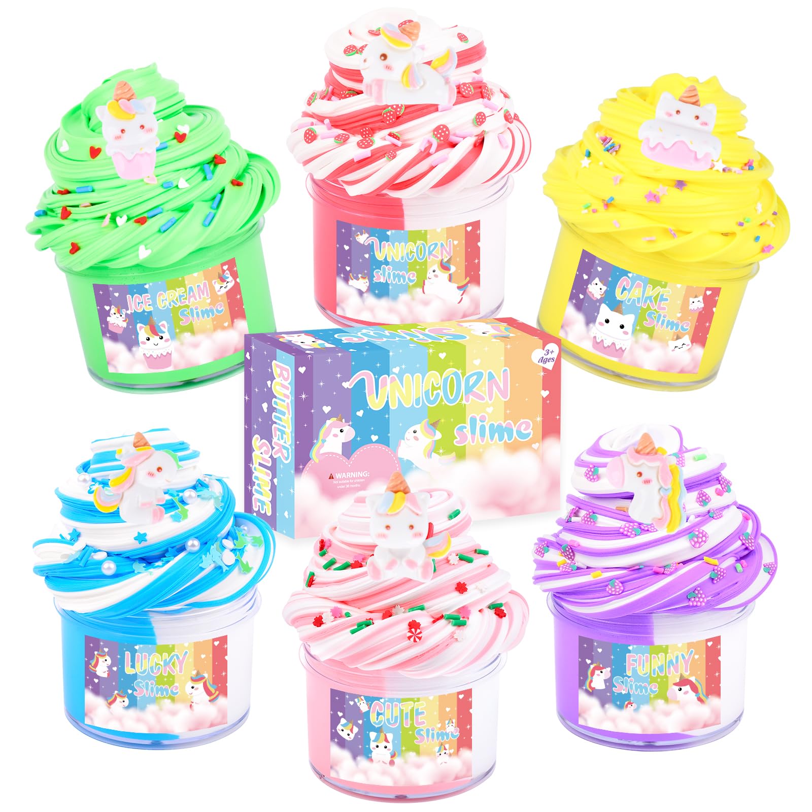 6 Pack Butter Slime Kit  with Unicorn Slime Add Ins  Soft Non-Sticky  Butter Slime Party Favor for Girls & Boys  Classroom Rewards  Stress Relief Toy  Birthday Gifts for Kids