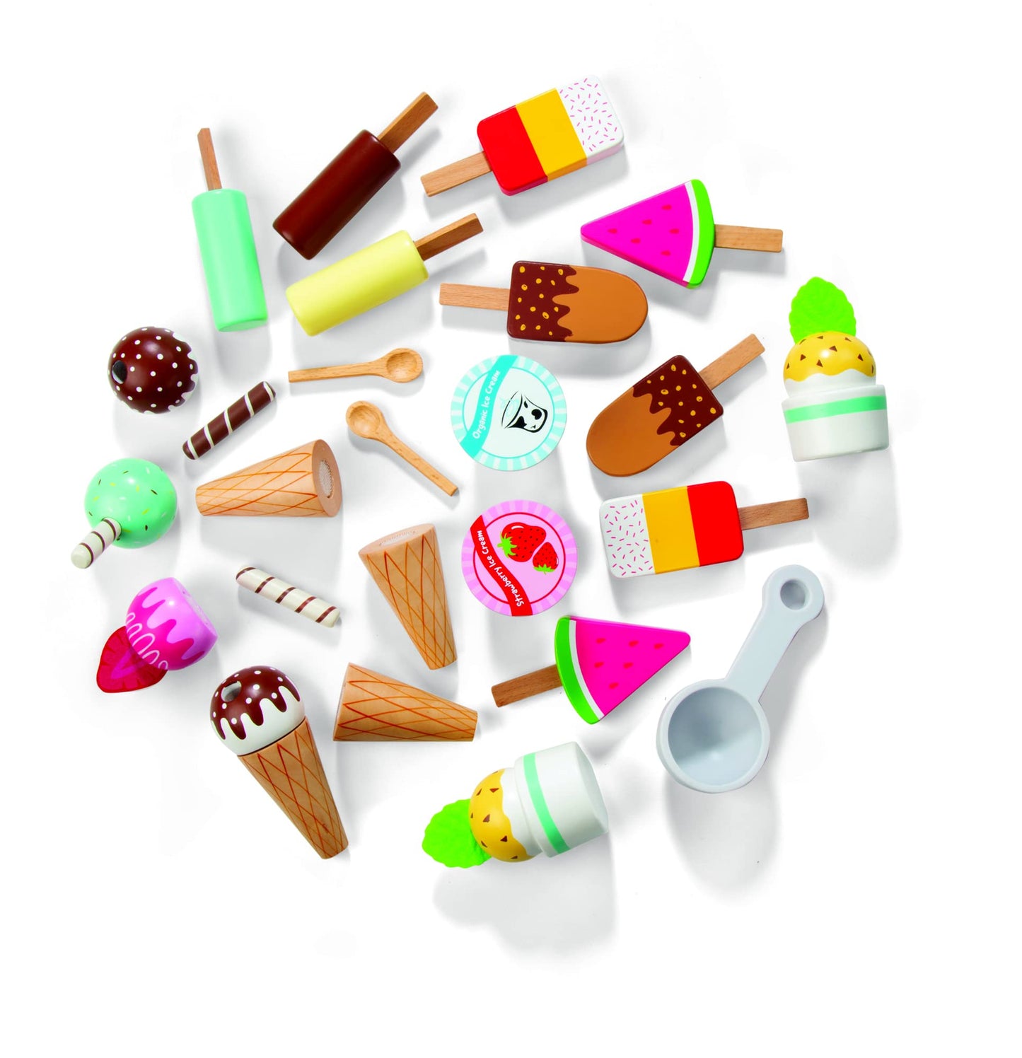 Ice Cream Truck Wooden Playset- 20 Fun Toy Pieces Including Freezer, Steering Wheel Sink & Sticker Sheet for Kids Name, Includes