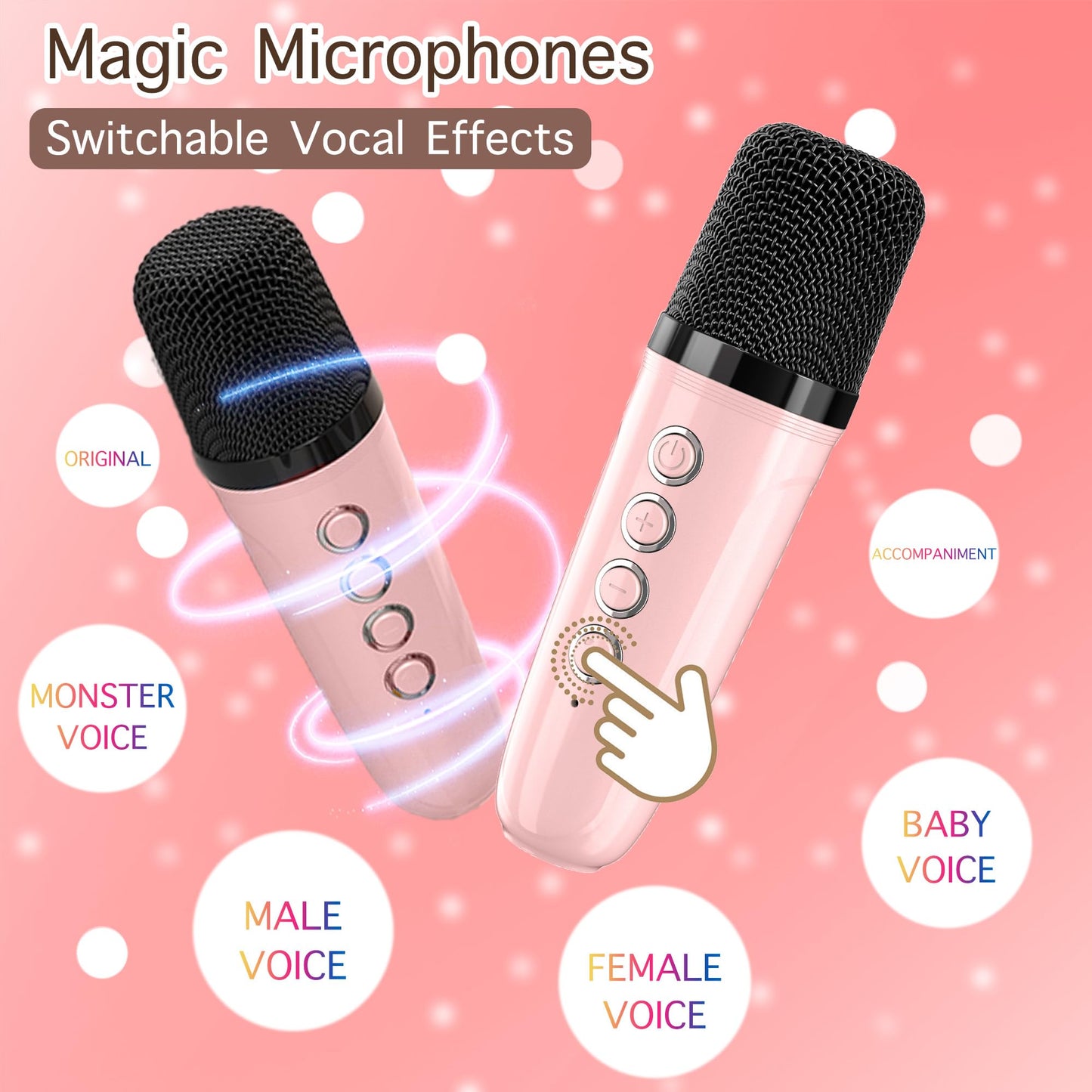 Mini Karaoke Machine With 2 Wireless Microphones, Adults Kids Toys, Gems Stickers, Portable Bluetooth Speaker, Christmas Birthday Gifts For Girls 4, 5, 6, 7, 8, 9 + Year Old (Pink)