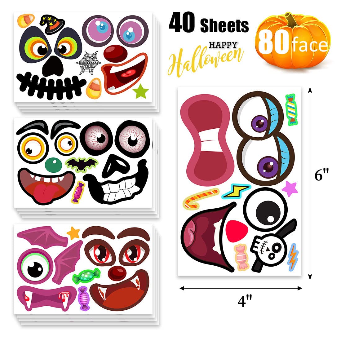80 Packs Halloween Pumpkin Decorating Kit, Make Pumpkin Face Stickers In 20 Designs, Halloween Stickers For Kids Halloween Party