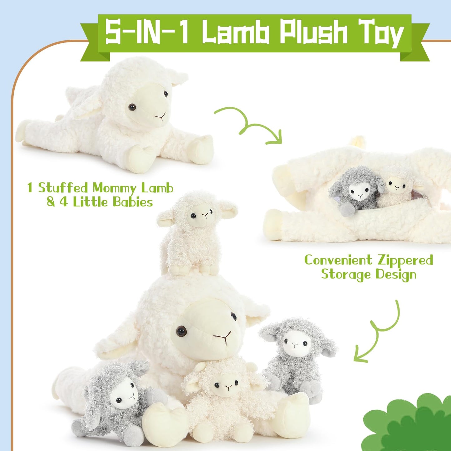 Beniny 5Pcs Lamb Stuffed Animal Set, Mommy Lamb Plush 20 Inch With 4 Baby Lambs In Her Zippered Tummy, Stuffed Sheep Plushie Toy