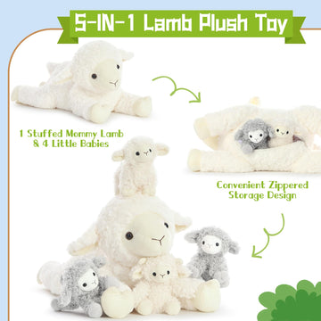 Beniny 5Pcs Lamb Stuffed Animal Set, Mommy Lamb Plush 20 Inch With 4 Baby Lambs In Her Zippered Tummy, Stuffed Sheep Plushie Toy