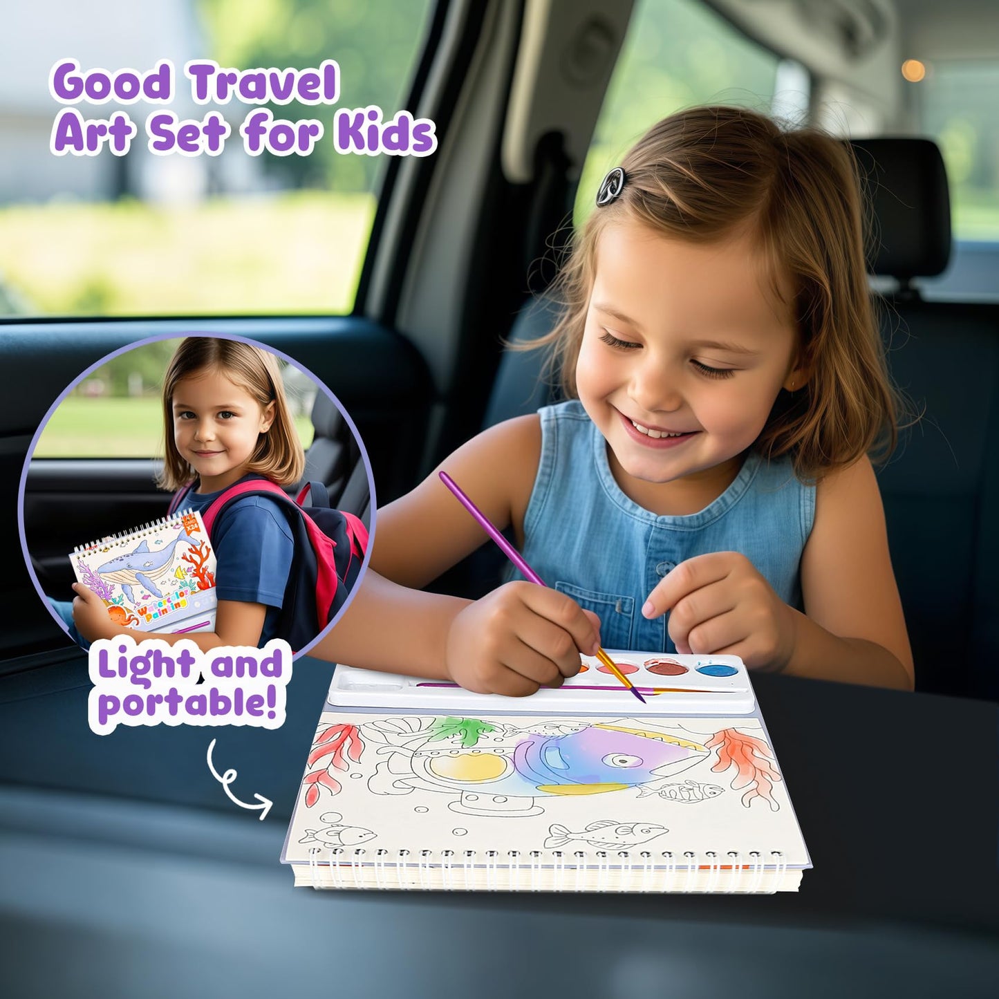 Mess Free Paint with Water Watercolor Book, Portable Spiral-Bound Painting Art Set Gifts for Kids, Travel Friendly