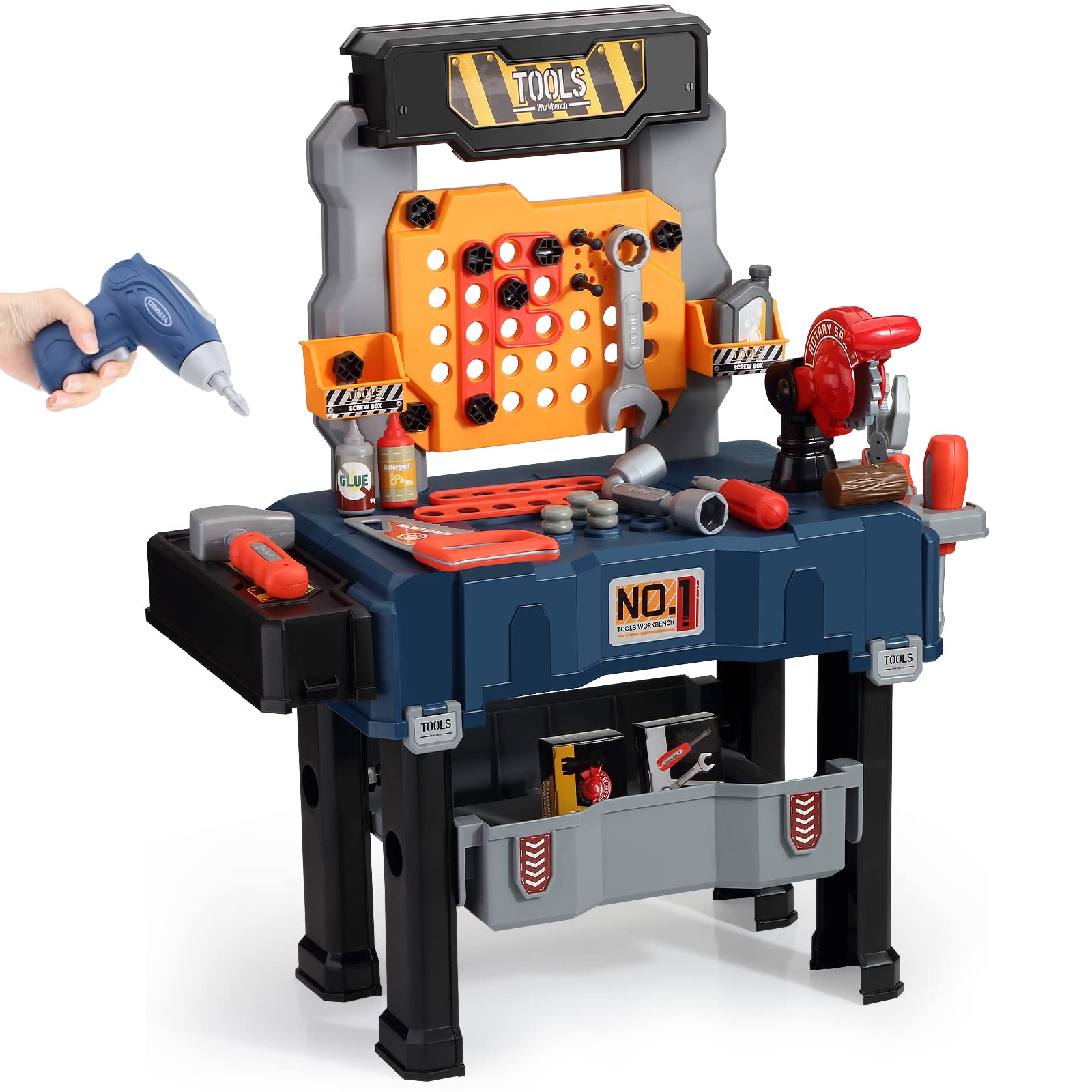 Deejoy Kids Tool Bench, Realistic and Electric Drill, Transformable Tool Set, Toddler Bench Pretend Play Learning Gift for Boys 