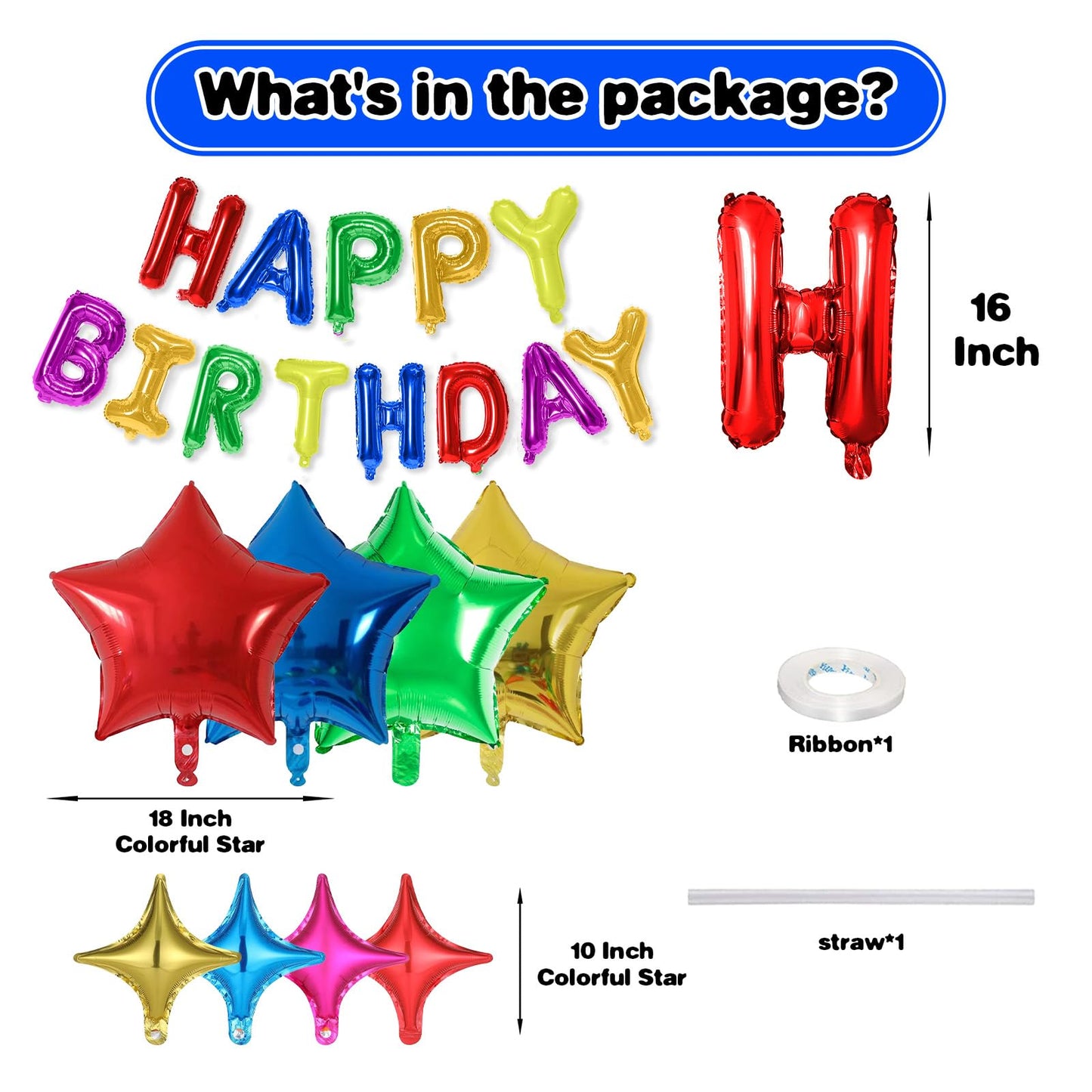 Happy Birthday Balloons Banner, Colorful Happy Birthday Foil Balloons 16 Inch Mylar Foil Letter Balloons With 8 Pcs Multi-Color