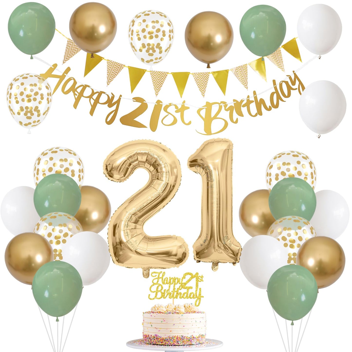 21St Birthday Decorations For Him Her, Happy 21St Birthday Banner With Birthday Cake Topper Number 21 Foil Balloon Sage Green Wh