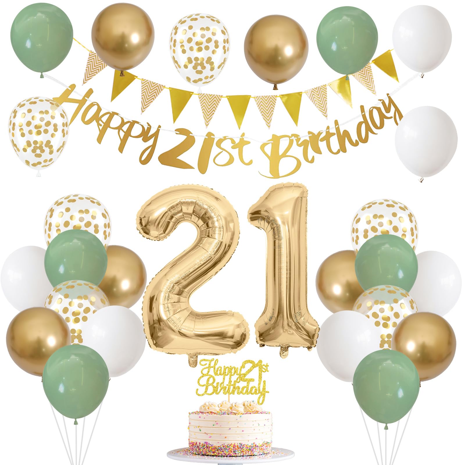 21St Birthday Decorations For Him Her, Happy 21St Birthday Banner With Birthday Cake Topper Number 21 Foil Balloon Sage Green Wh