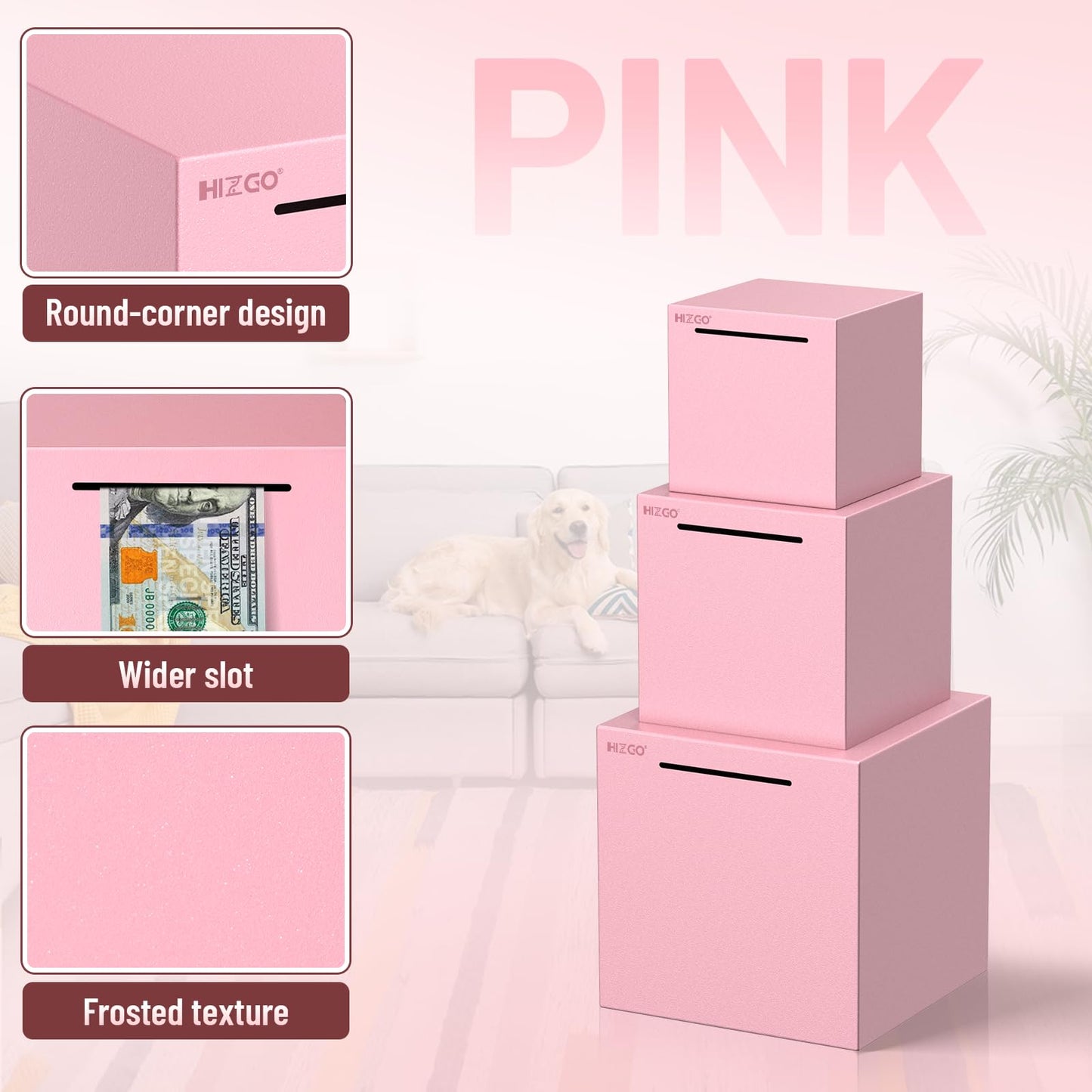 Hizgo Adults Pink Piggy Bank, Stainless Steel Piggy Bank For Adults/Kids Must Break To Open, Unopenable Money Saving Box(5.9-Inch, Pink)