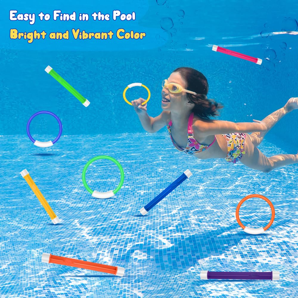 Navdlizu Diving Pool Toys For Kids Age 4-8, Underwater Training Pool Diving Rings Sticks Colorful Sinking Swimming Water Toy Wit