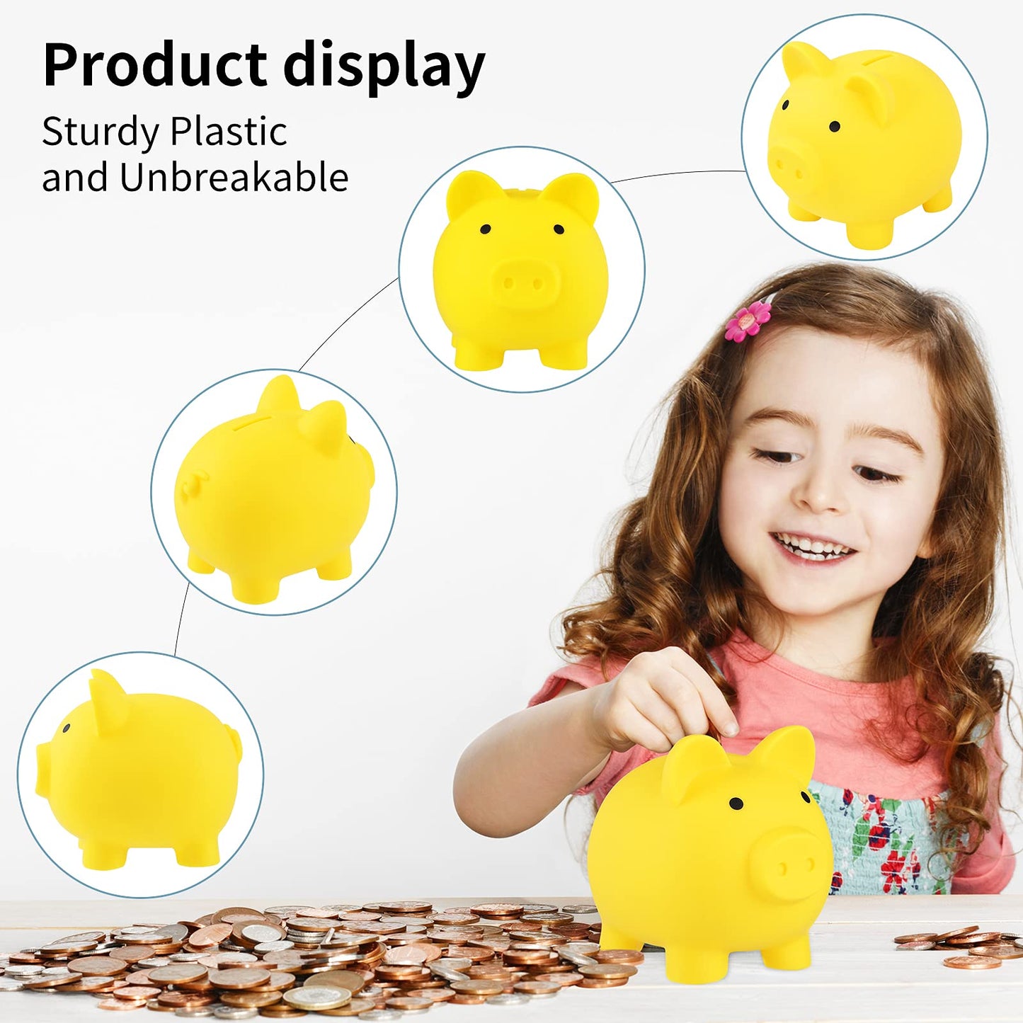GADIEDIE Large Piggy Bank  Unbreakable Plastic Money Bank  Coin Bank for Girls and Boys  Cute Pig Coin Bank Practical Gifts for Birthday  Festival  Baby Shower (Yellow)