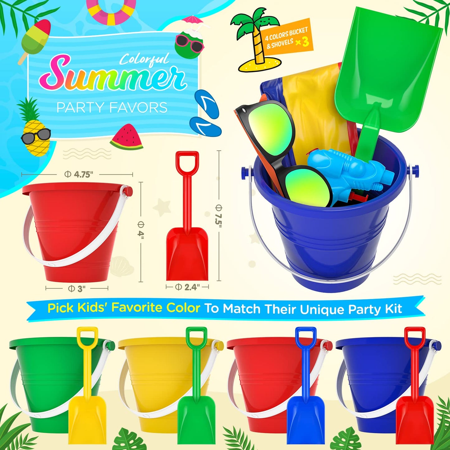 Pool Party Favors Beach Party Favors - 60 PCS Pool Toys For Kids Ages 3-8 Beach Balls Bulk, Sand Bucket and Shovels Set, Kids Su