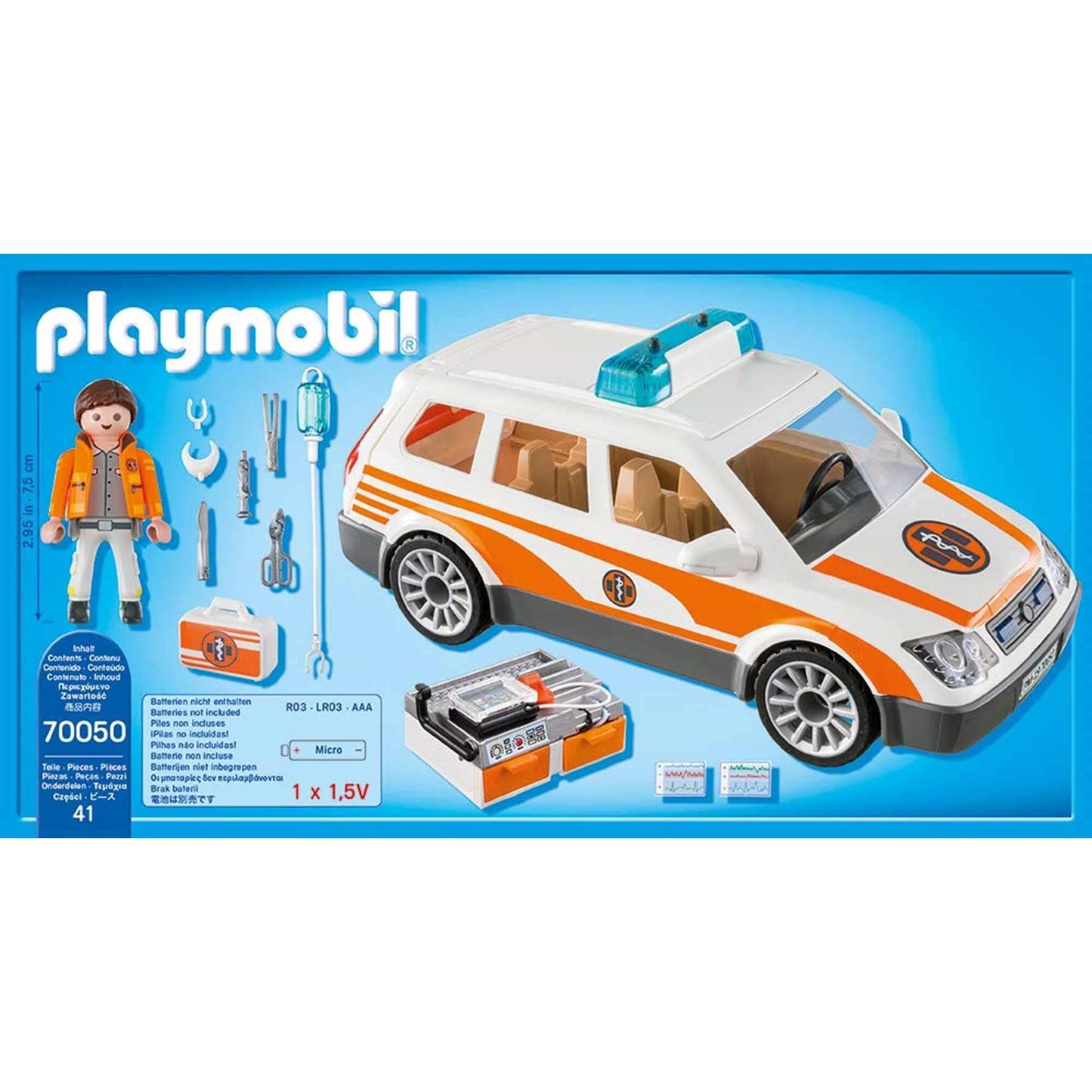 Playmobil Emergency Car with Siren - Multicoloured, Plastic, 9 x 18.7 x 34.8 cm, Model 70050