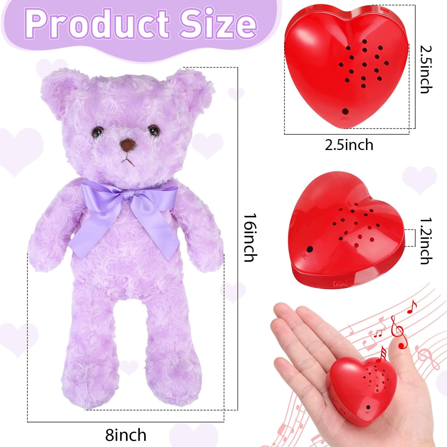 Hungdao Bear Stuffed Animals With Voice Recorder Set, 60 Seconds Voice Sound Recorder Module 16 Inch Soft Plush Bear Cute Stuffed Bear With Zipper Sound Box Recordable Heart For Boys Girls (Purple)