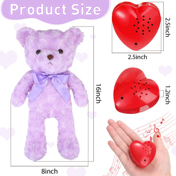 Hungdao Bear Stuffed Animals With Voice Recorder Set, 60 Seconds Voice Sound Recorder Module 16 Inch Soft Plush Bear Cute Stuffed Bear With Zipper Sound Box Recordable Heart For Boys Girls (Purple)