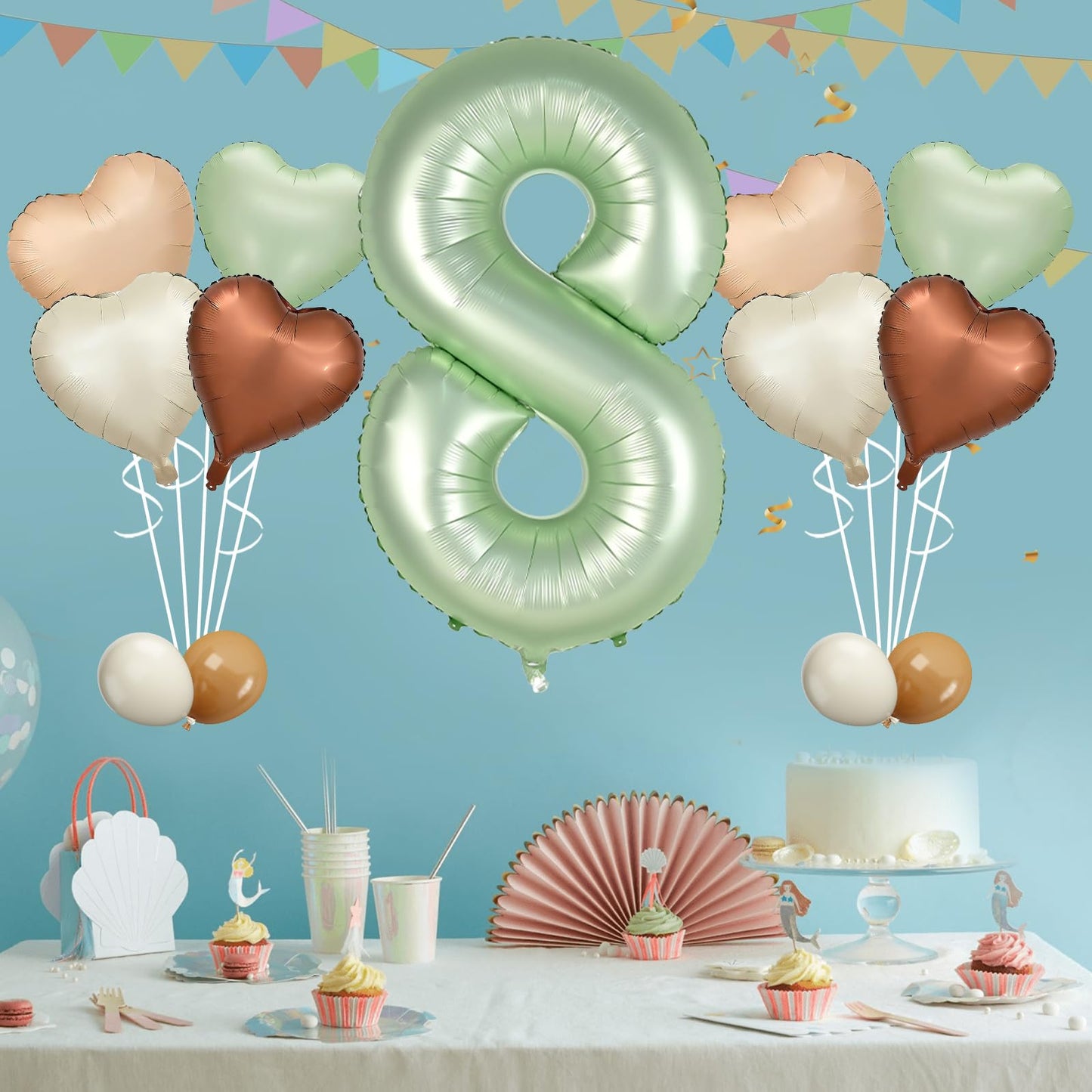 Biapian 40 Inch Sage Green Number 8 Balloons, Large 8Th Birthday Balloons With 18'' Foil Cream Brown Heart Balloon For 8Th Year