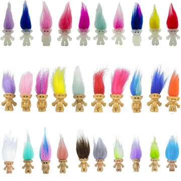 30pcs Luminous Mini Troll Dolls Glow in The Dark Vintage Action Figures Lucky Troll Dolls 1.2'' Bodies, 2.3'' Hair. Cake Toppers