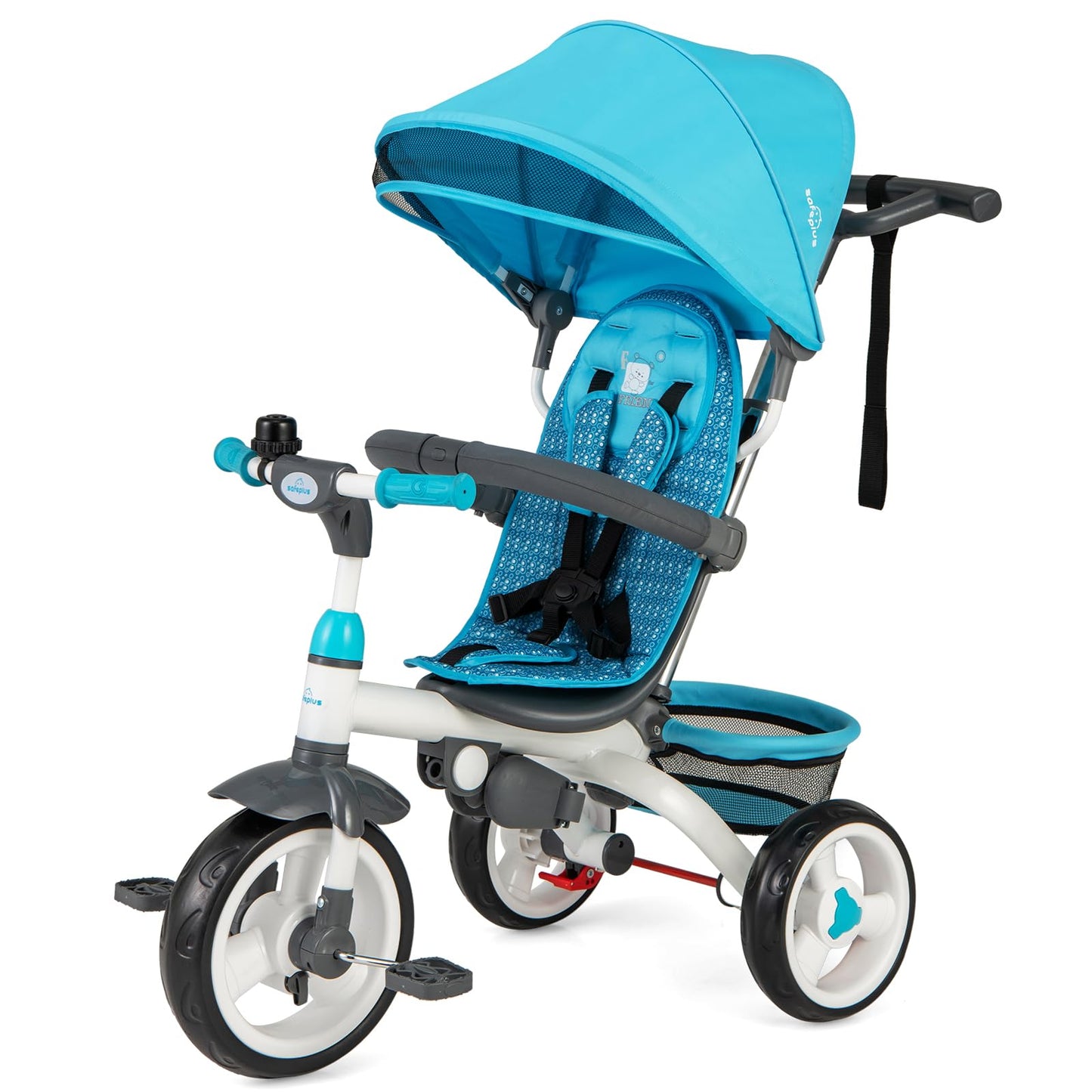 Costzon Tricycle For Toddlers, 4 In 1 Trike W/Parent Handle, Adjustable Canopy, Storage, Safety Harness & Wheel Brakes, Baby Pus