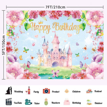 LDWLYW Princess Birthday Backdrop for Girls Pink Princess Castle Happy Birthday Banner Backdrop for Kids Royal Castle Butterfly