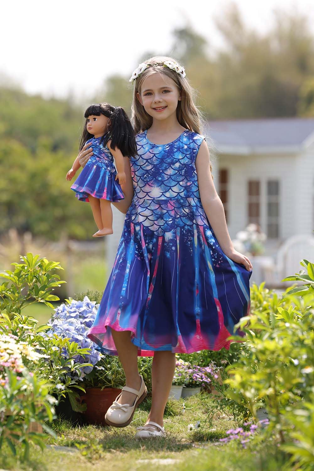 Bow Dream Girl Dress and Matching American Girl Doll Clothes Accessories Rainbow Mermaid Unicorn Size 130