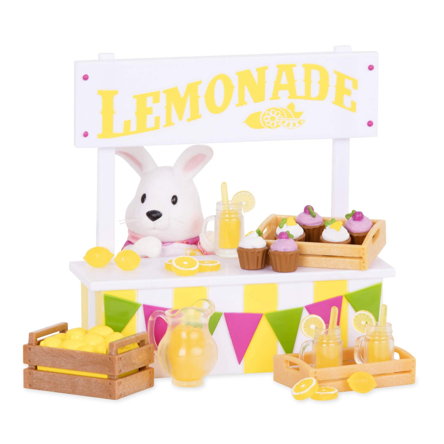 Li'l Woodzeez Lemonade Stand Playset with Rabbit Figurine, 25 Pieces, Imaginative Play, Multicolor, Model WZ6539Z