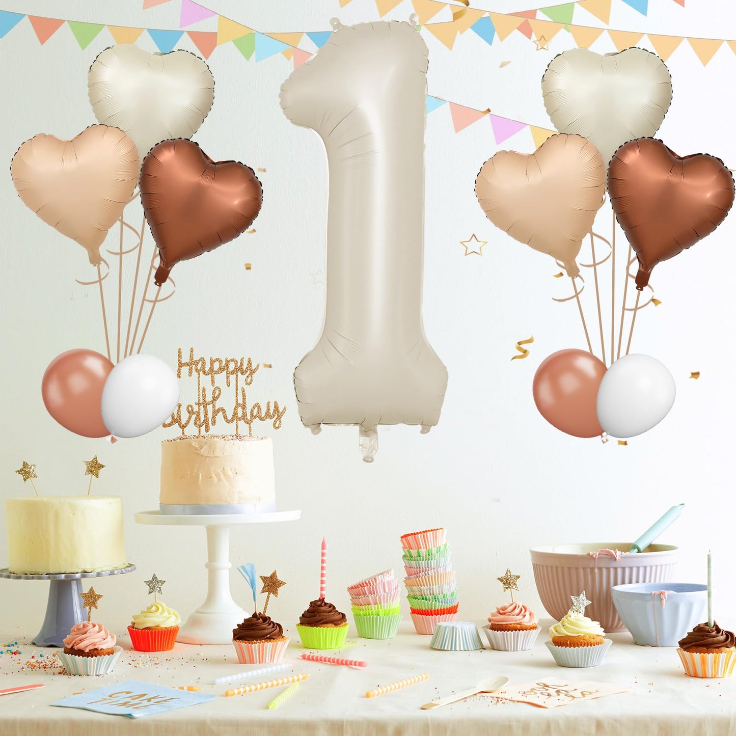 Biapian 40 Inch Cream White Number 1 Balloons, Beige White Large Number One Balloon With Cream Foil Heart Balloons For 1St Birth