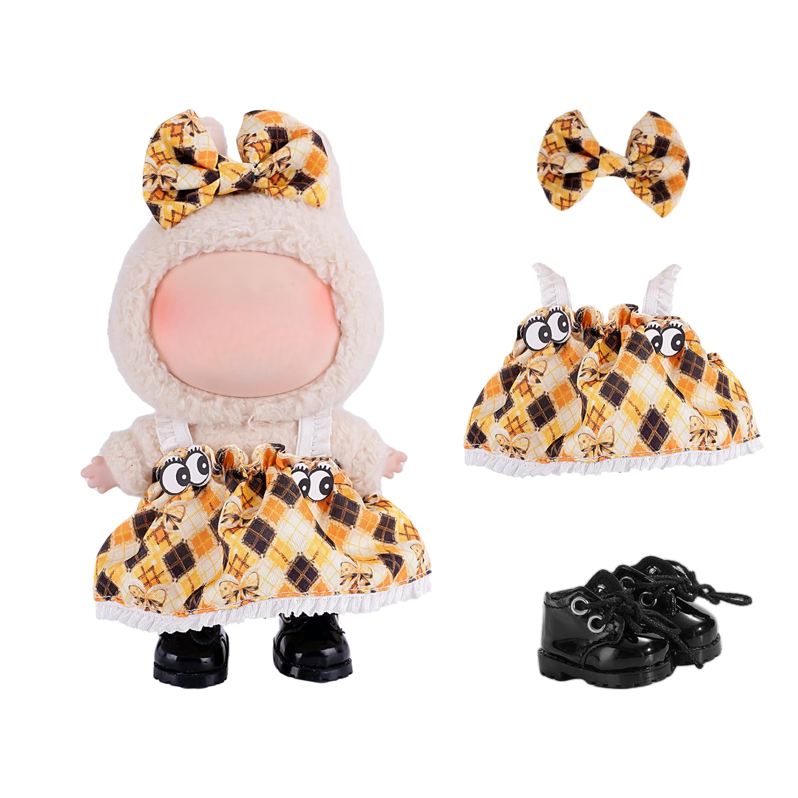 3-Piece Clothes for 17cm Doll Clothes Set & Outfit-Yellow Diamond Plaid Dress + Butterfly Clip + Versatile Black Glossy Shoes