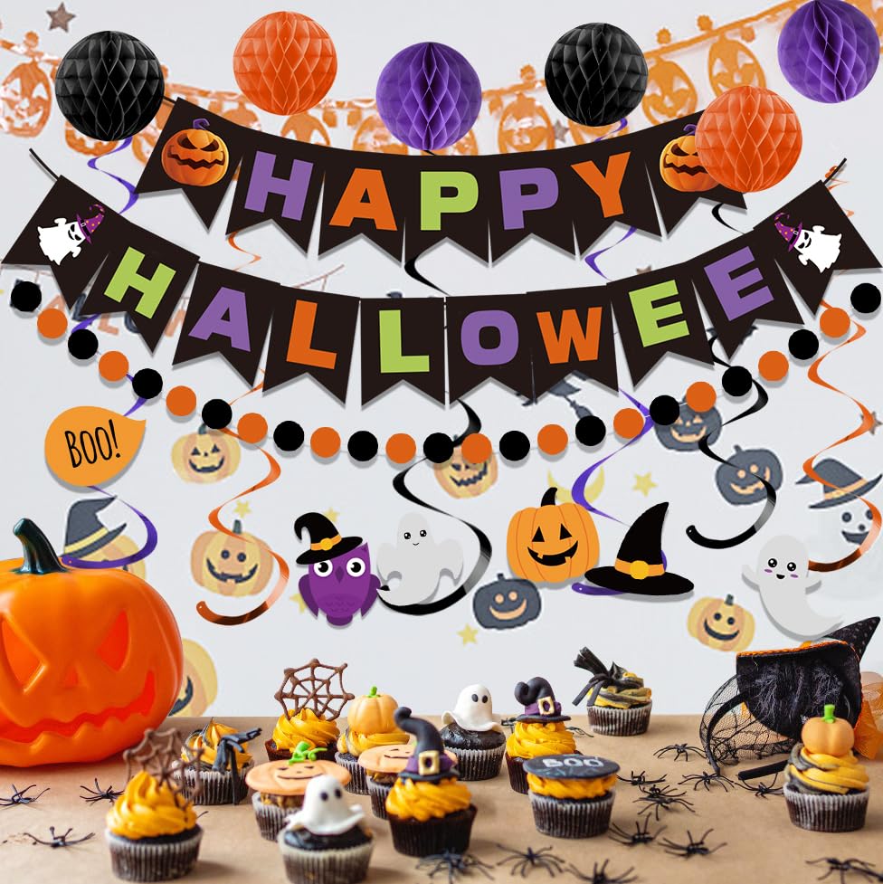 meowtastic Happy Halloween Banner Decorations - Halloween Banner with Honeycomb Ball, Halloween Hanging Swirl Streamer, Circle D