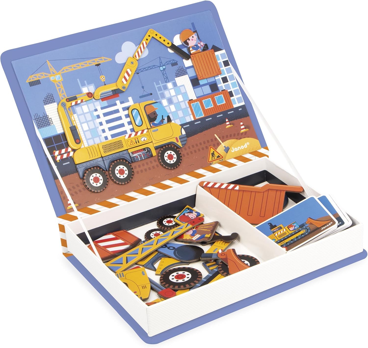 Janod - Magn  tiBook Construction Site Vehicles - Magnetic Educational Game 50 Magnets + 18 Models - Cardboard Childrens Toy -