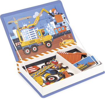 Janod - Magn  tiBook Construction Site Vehicles - Magnetic Educational Game 50 Magnets + 18 Models - Cardboard Childrens Toy -
