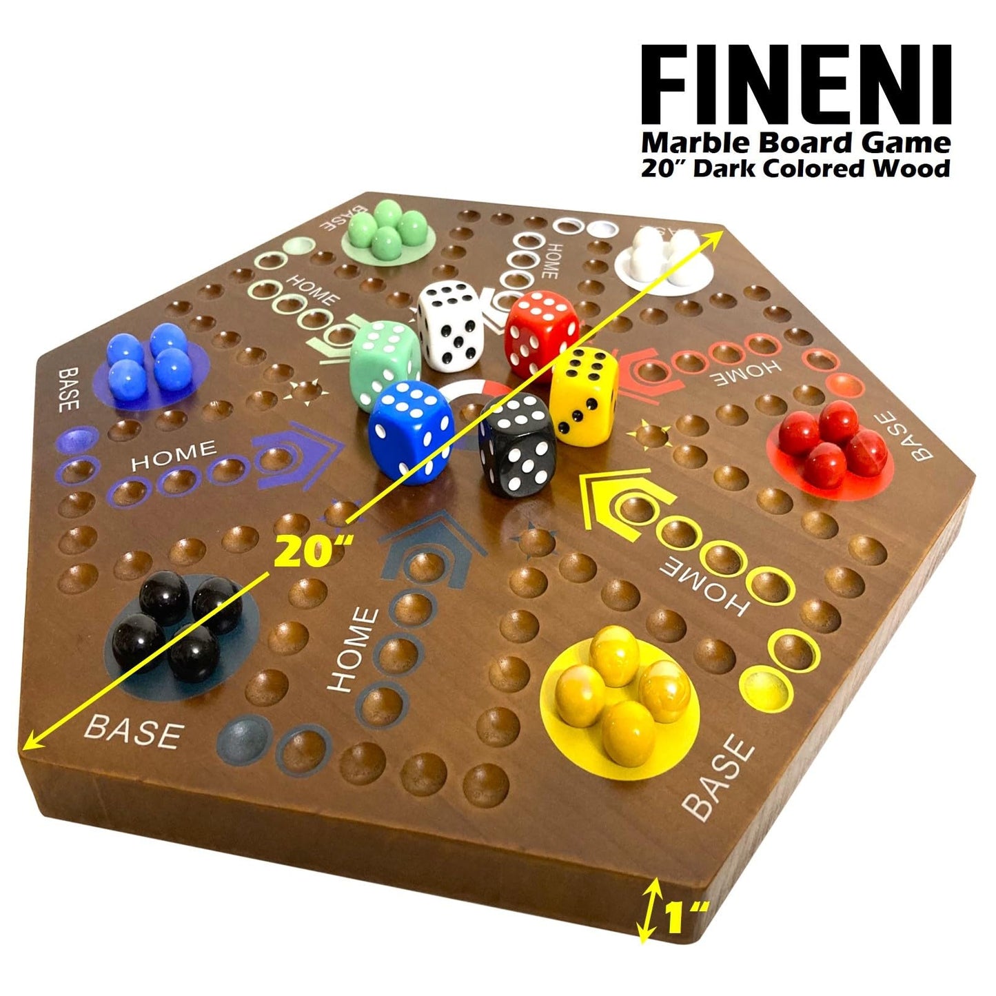 FINENI Wooden Marble Board Game - Dual-Sided Fast Track for 2-6 Players, 20" Dark, Includes 30 Marbles & 6 Dice, Perfect Family Fun