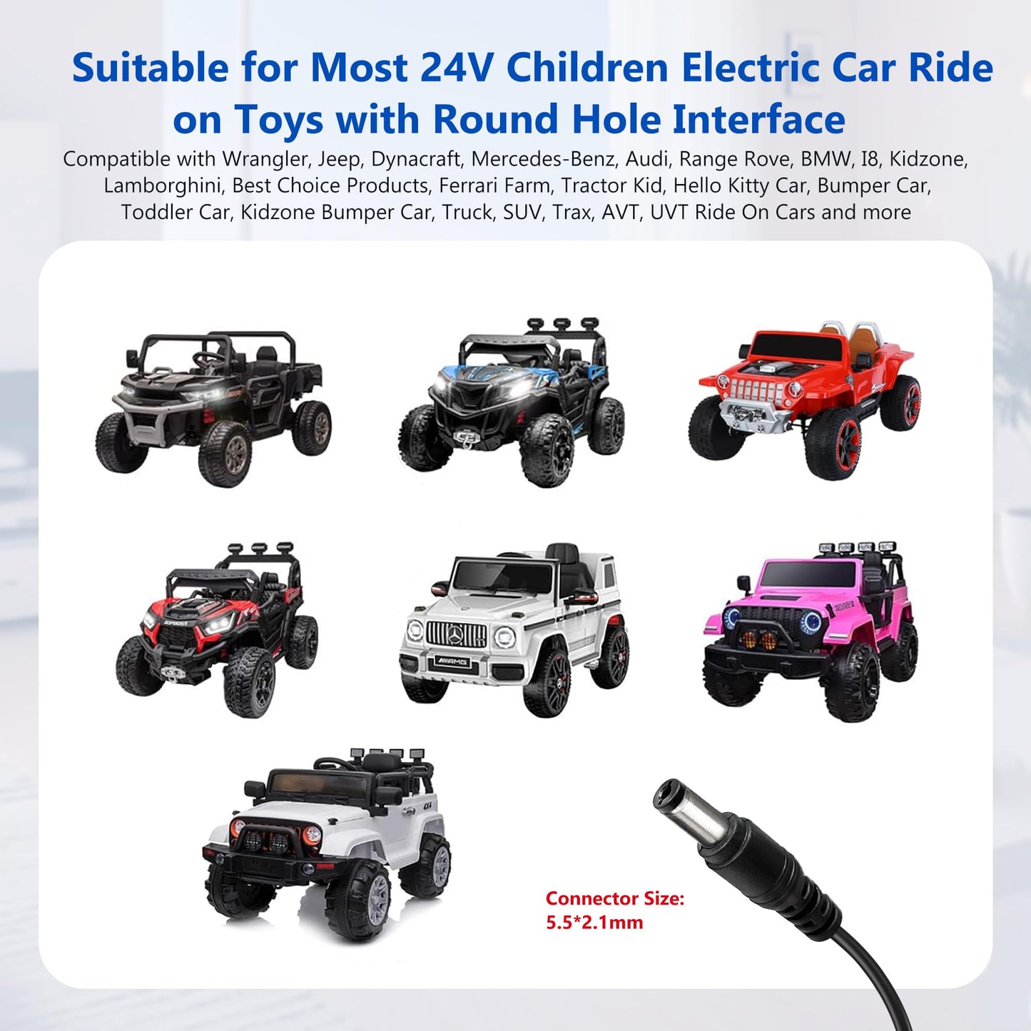24V Battery Charger for Ride On Toys - Compatible with Power Wheels  Kids Ride On Cars  Electric ATVs  Lamborghini  Jeep  Mario Kart  24V Battery for Ride On Toys - DC Charger for 24 Volt Vehicles