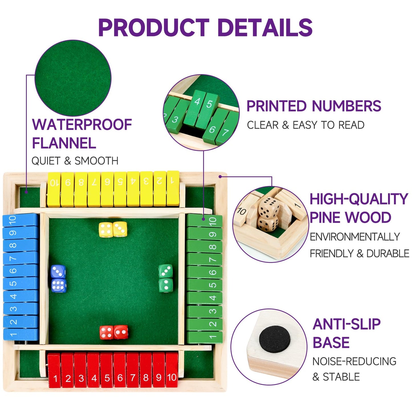 Kiapeak 1-4 Players Shut The Box Dice Game, 10 Numbers Traditional Wooden Pub Bar Board Game, Family Classics Tabletop Version G