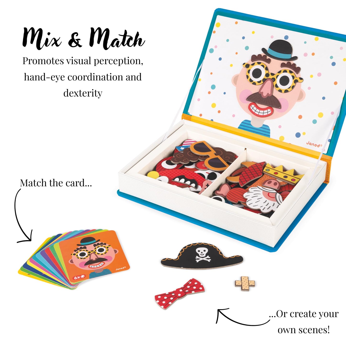 Janod - Magnetibook 83 Pc Magnetic Boy Crazy Face Dress Up Game - Decorating Fridge with Magnetic Letters - Enhances Creativity