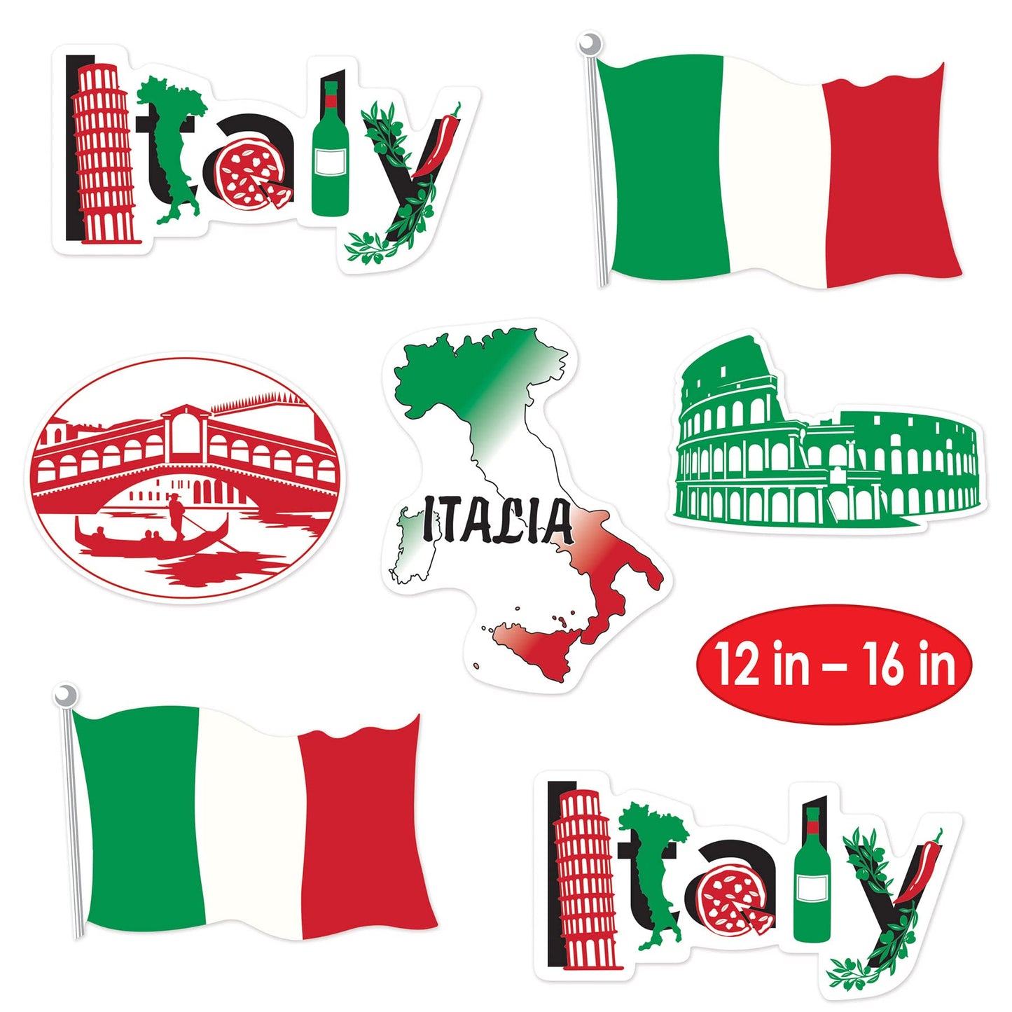 Beistle 53674 Italian Cut Outs 14 Piece Italy Decorations International Around The World Party Supplies, 12-16, Red/White/Green/
