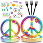 96 Pcs 60'S Hippie Party Supplies For 24 Guests Groovy Tie Dye Birthday Tableware Set Plates Napkins Retro Peace Sign Flower Party Decorations For Girls Carnival Baby Shower Party Favors