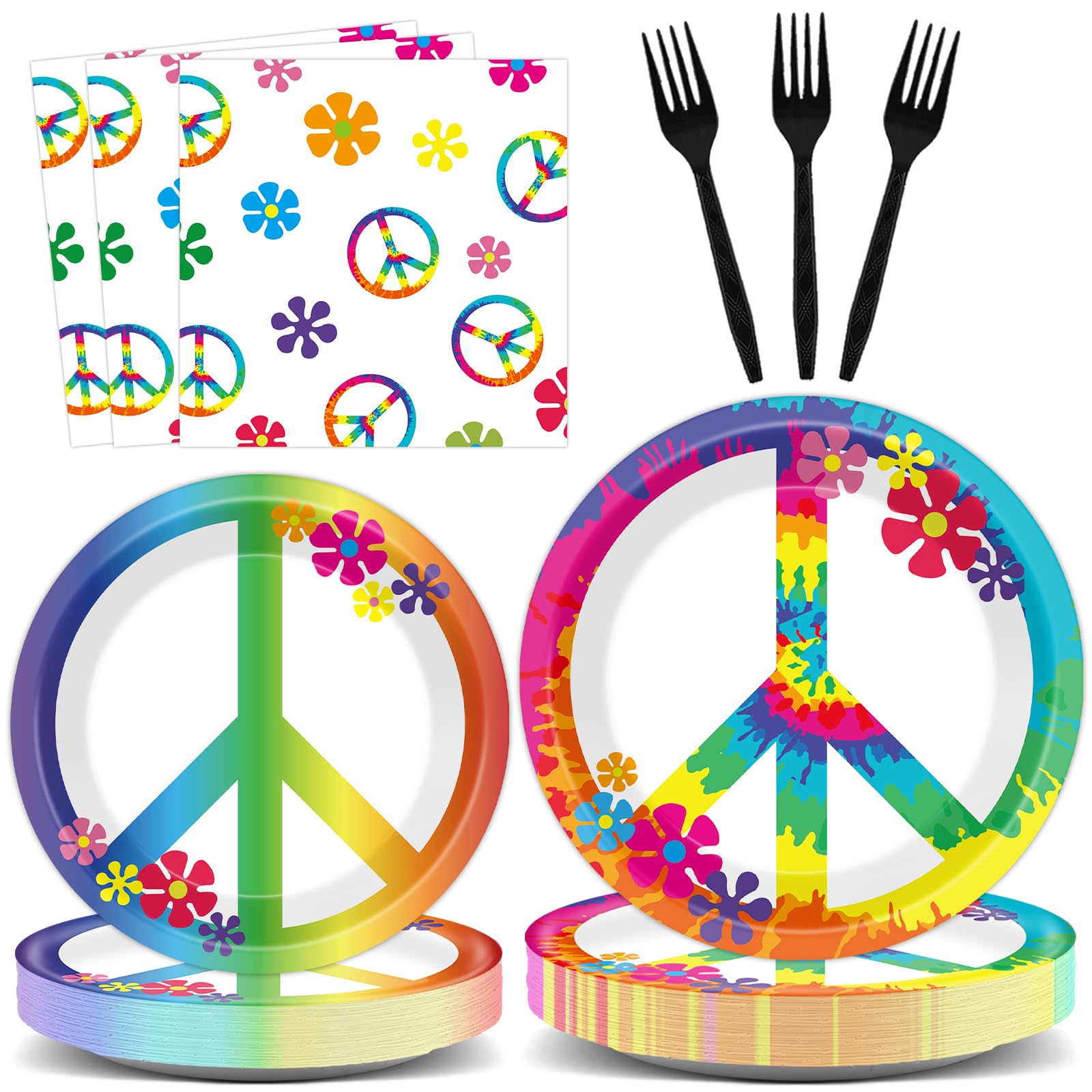 96 Pcs 60'S Hippie Party Supplies For 24 Guests Groovy Tie Dye Birthday Tableware Set Plates Napkins Retro Peace Sign Flower Party Decorations For Girls Carnival Baby Shower Party Favors