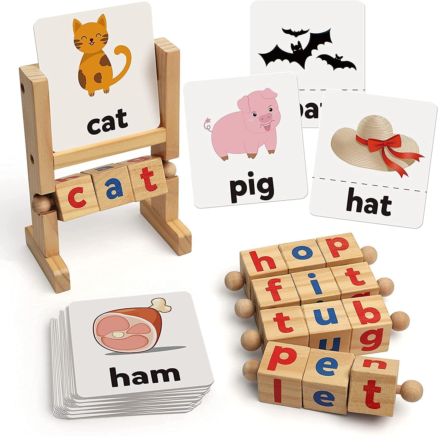 Toyshine Wooden Reading Blocks Short Vowel Rods Spelling Games Flash Cards Turning Rotating Letter Puzzl Kids Sight Words Montes