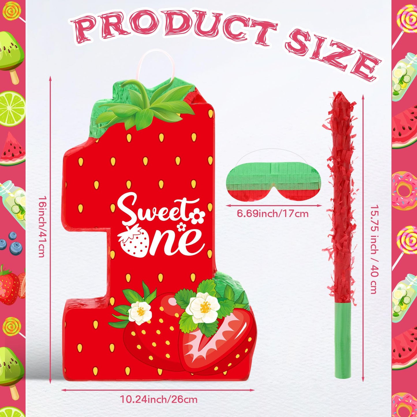 Aoriher Strawberry Piñata - Cardboard, Berry Color, 1st Birthday Party Game Supplies & Decor with Stick, Blindfold, and Confetti