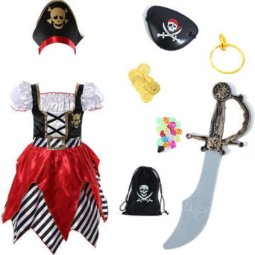 Rabtero Girls Pirate Costume, Halloween Dress Up Pirate Cosplay Costume Toddler Girls, Luxury Pirate Princess Dress With Accessories For Girls 7-8 Years