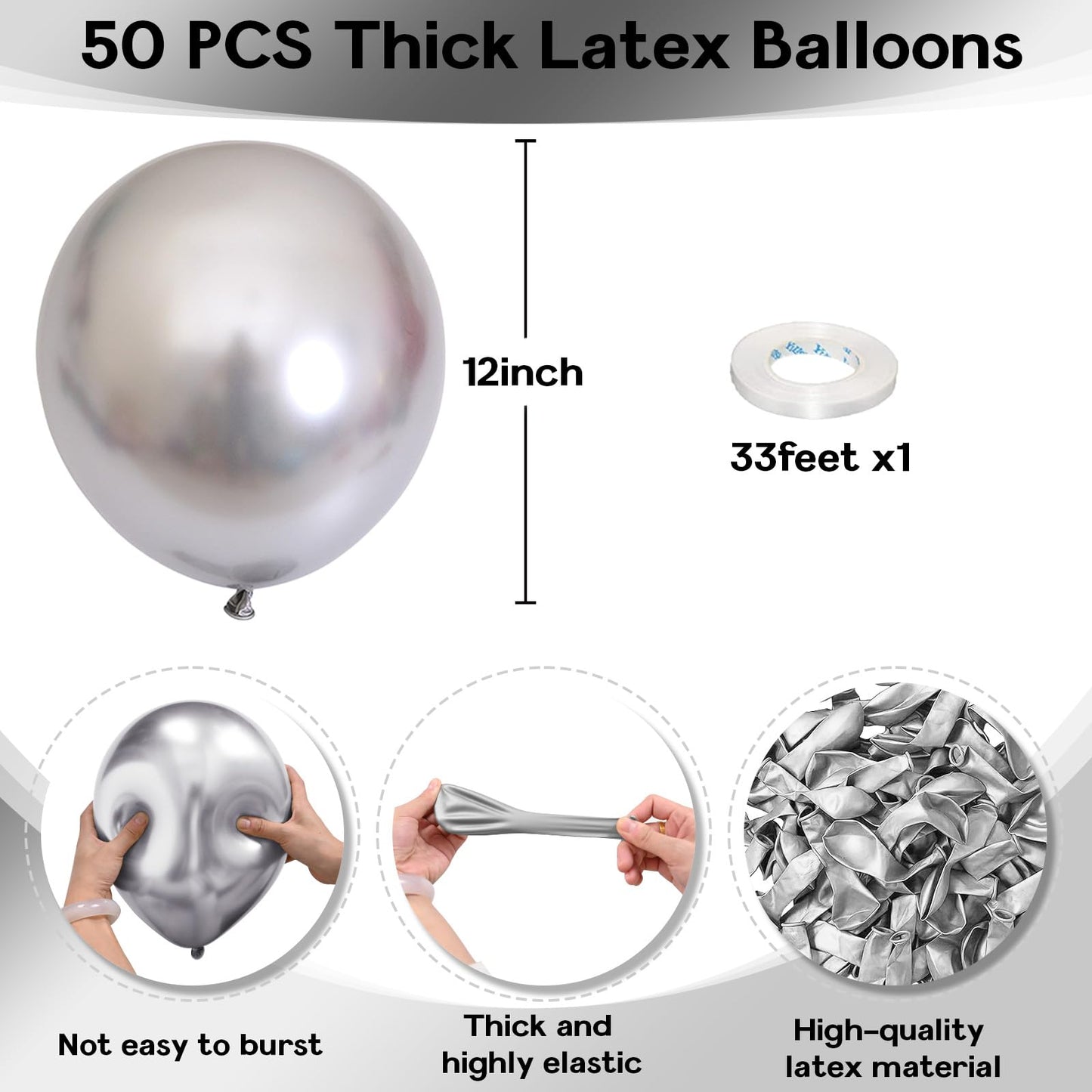 Jobkoo Silver Balloons 12 Inch, 50Pcs Metallic Silver Balloons Chrome Silver Metallic Balloon Silver Shiny Silver Latex Balloons