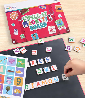 Intelliskills Magnetic SpellIt Foldable Board for Kids, 62 Pictures & 144 Alphabet, 72 Foam Letter Pieces, Educational & Learni