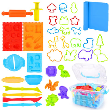 Dough Tool Sets For Kids Toddlers,Cute Dough Accessories With Mat Box,Fun Party Pack Dough Toys For Kids Age 3-5 4-8,Stocking Stuffers Christmas Birthday Gifts For 3 4 5 6 7 8 Year Old Boy Girl