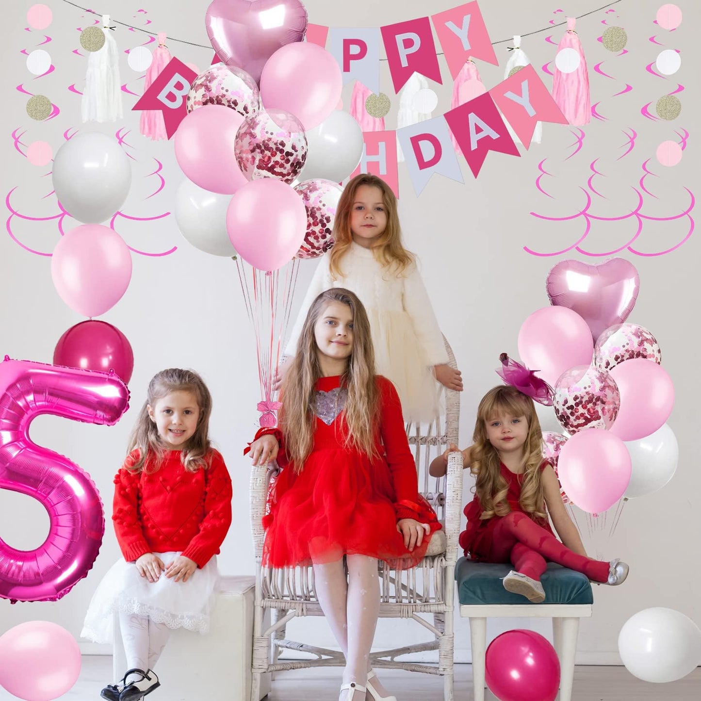 Sweet 5Th Birthday Decorations For Girls, Pink And White 5 Happy Birthday Balloons,5Th Birthday Party Supplies For Daughter Her