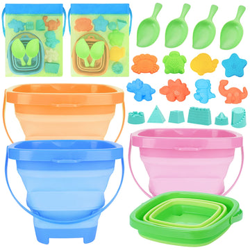 RACPNEL Collapsible Beach Buckets & Beach Toys for Kids, Foldable Sand Bucket and Shovels Set with Mesh Bag & Sand Molds, Silico