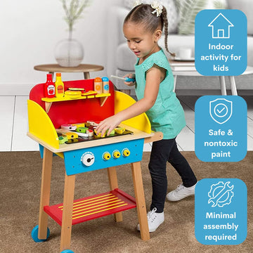 Cook 'N Grill Wood Toy BBQ Set - Includes Pretend Play Wooden Barbeque Food & Grilling Tools for Kids, Boys & Girls, More Than 3