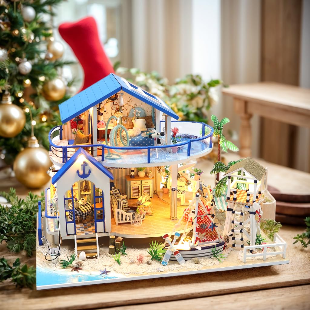 RHZN Miniature House Kit - DIY Beach House Dollhouse, 1:24 Scale, Wood Material